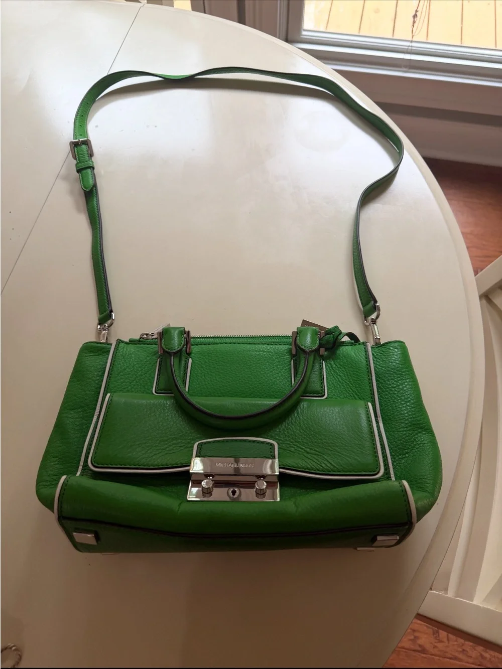Michael Kors Bright Green Leather Shoulder Bag with Silver Hardware